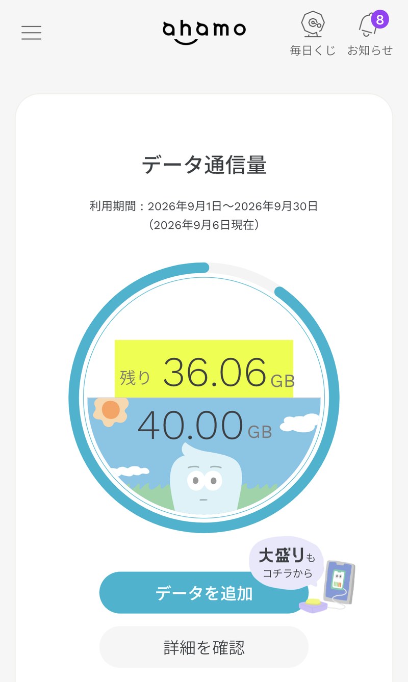 ahamoアプリのデータ通信量の画面。利用期間と残りのデータ量が表示されている